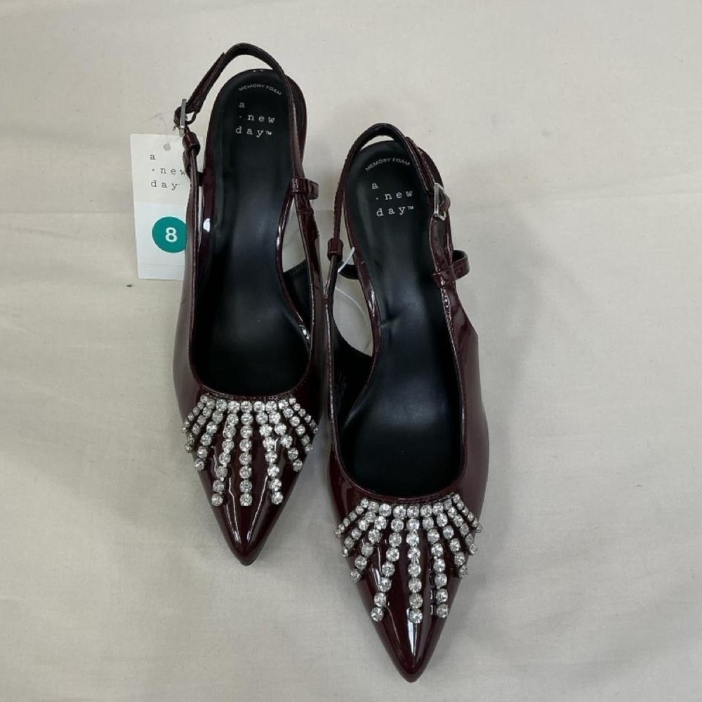 A New Day Rhinestone‎ Slingback Heels | Women's Size 8 | Burgundy Patent | NWT